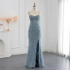 Feathers Spaghetti Straps Side Slit Prom Dress