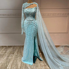 Turquoise Pearls Side Slit Evening Dress with Cape Sleeves