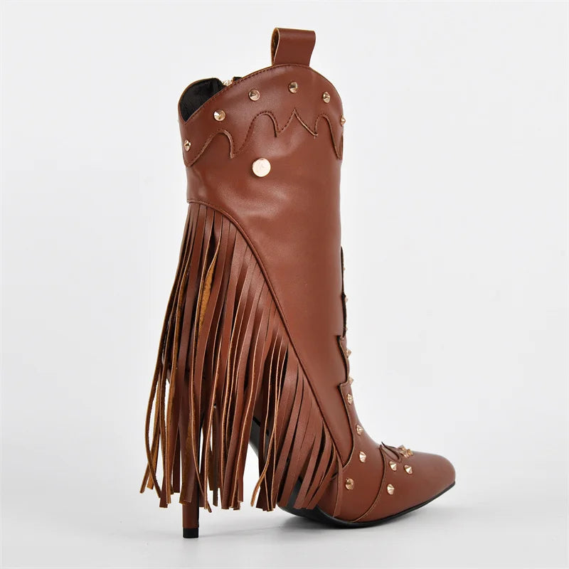 Brown faux leather ankle boots with pointed toe, stiletto heel, and long fringe detail.