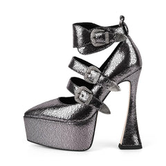 Black platform high-heeled shoe with multiple straps on a white background