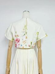 White Short Sleeve Flower Print Crop Top And Maxi Skirt Set