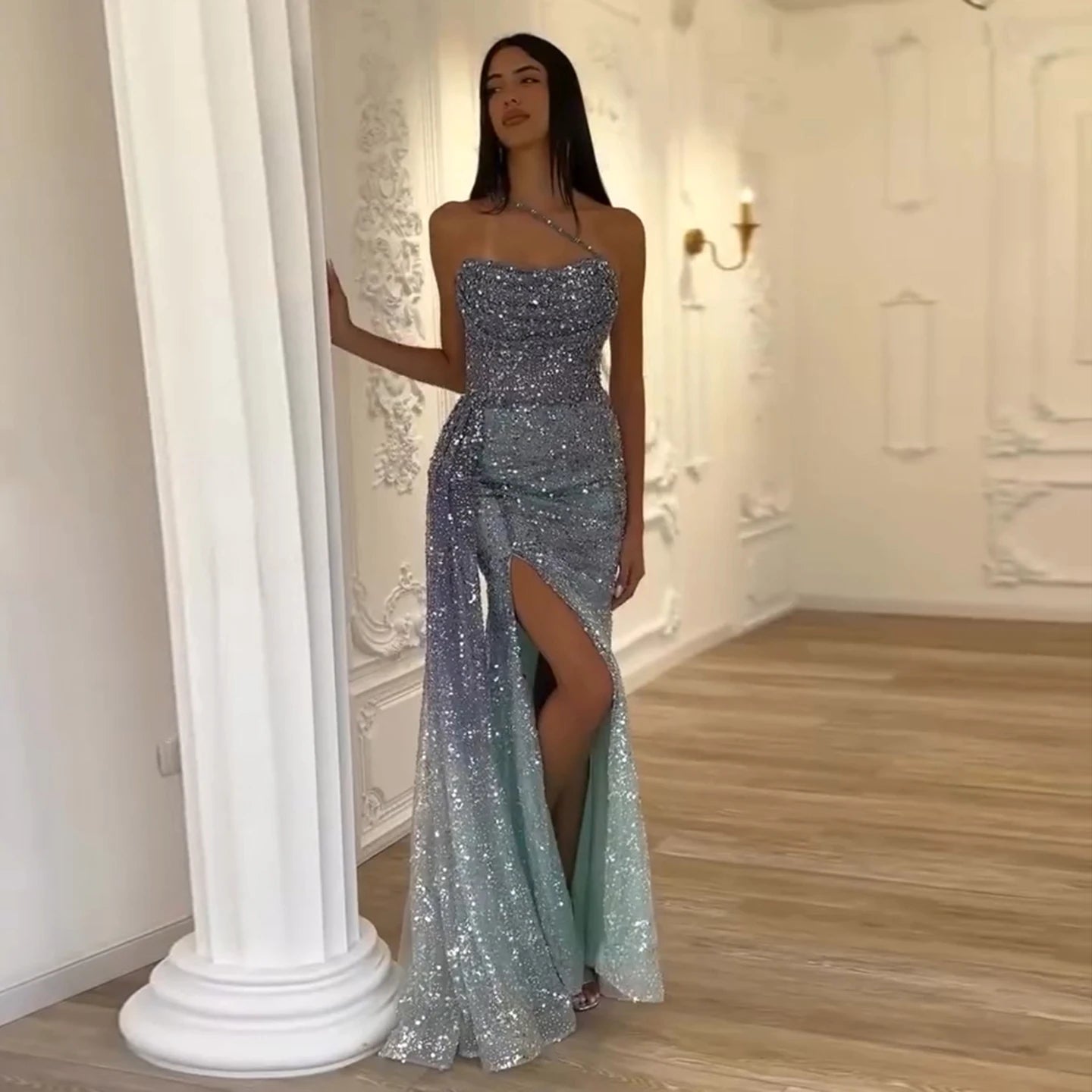 Light Blue Mermaid One-Shoulder Slit Overskirt Gowns