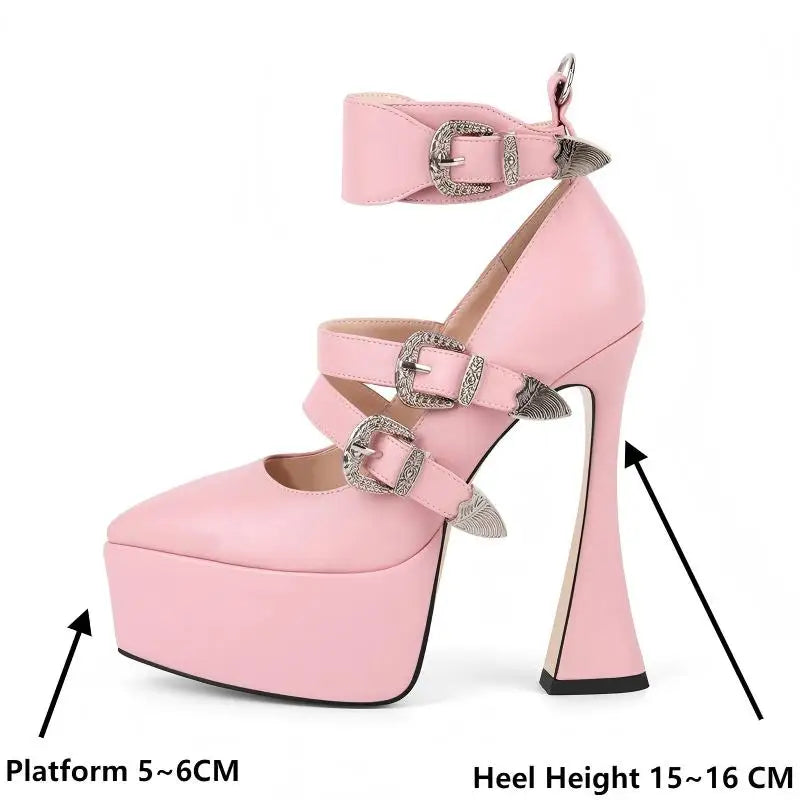 Pink high-heeled shoes with platform and detailed buckles on a white background