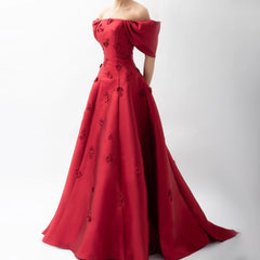 Off-Shoulder Wine Red 3D Flowers Party Gowns