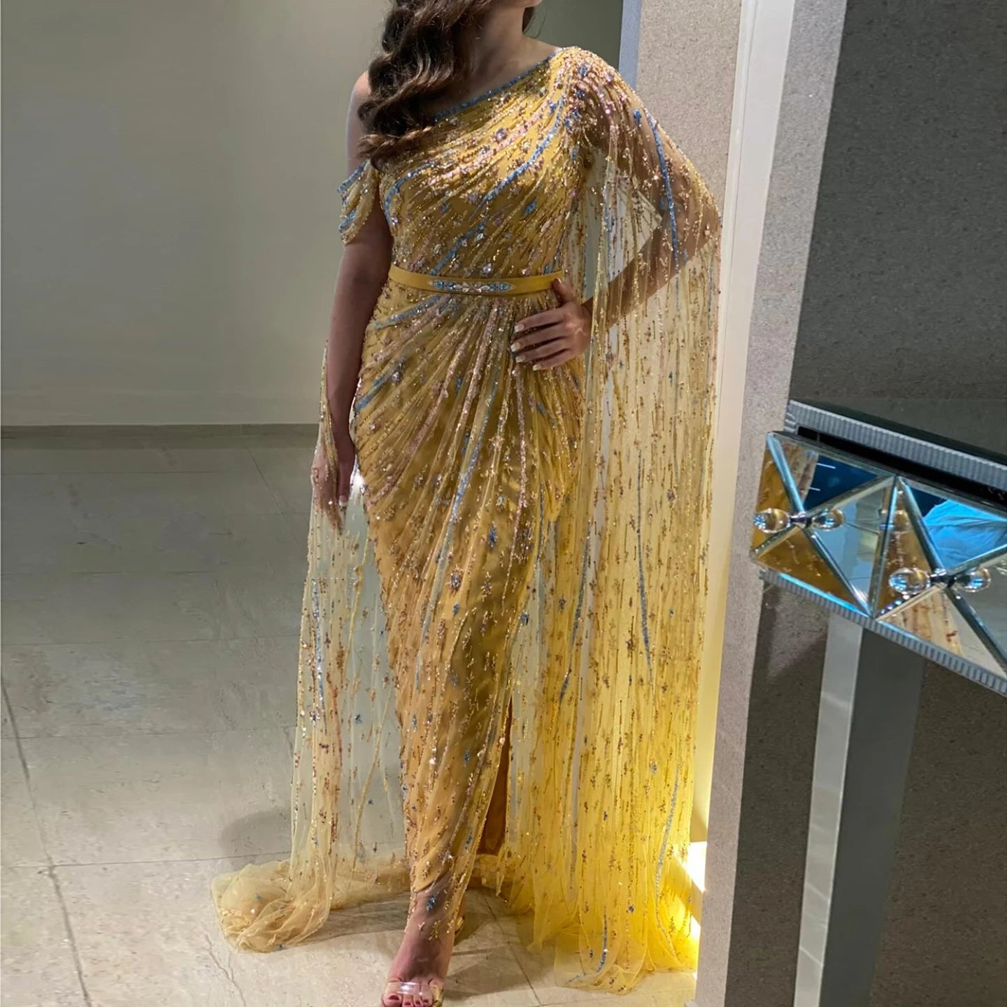 Gold Yellow Cape One-Shoulder Formal Party Gown