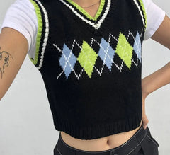 Women Short Vest Sweater With Argyle Pattern - Golden Atelier