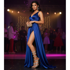 Woman in a blue evening gown with a high slit on a stage with lights and audience.