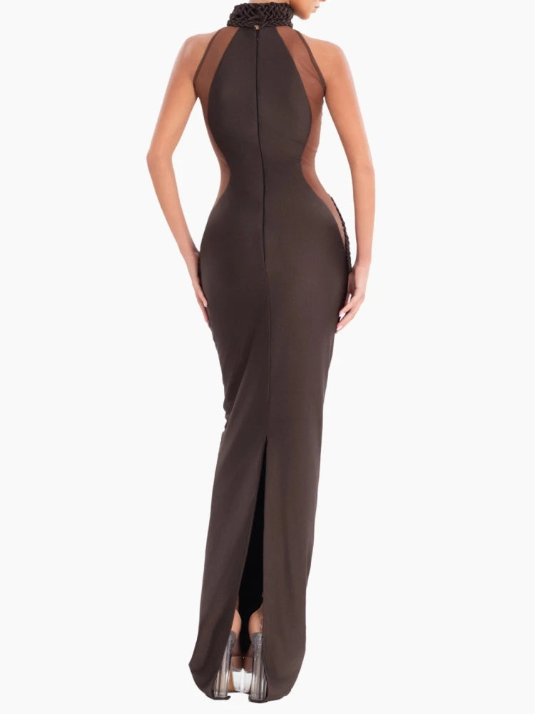 Back view of brown halter evening gown showing fitted waist and sleek sheath silhouette on a white background