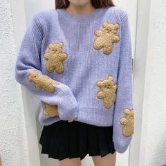 Bear Applique Loose Knitted Sweater - Golden Atelier