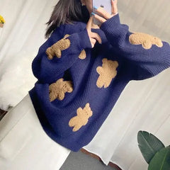 Bear Applique Loose Knitted Sweater - Golden Atelier