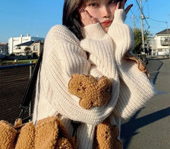 Bear Applique Loose Knitted Sweater - Golden Atelier