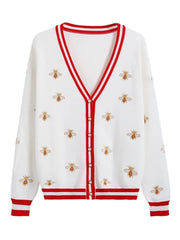 Bee Embroidery Contrast Color Button Knitted Sweater - Golden Atelier