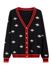 Bee Embroidery Contrast Color Button Knitted Sweater - Golden Atelier