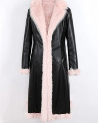 Black Pink Dual Color Thick Warm PU Leather Long Trench Coat - Golden Atelier