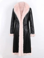 Black Pink Dual Color Thick Warm PU Leather Long Trench Coat - Golden Atelier