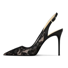 Black lace high-heeled shoe on a white background