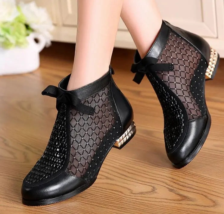 Women Ankle Boots Bow Hollow Mesh - Golden Atelier