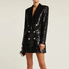 Button Shawl Collar Sequined Black Blazer - Golden Atelier