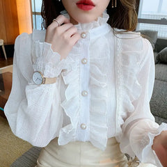 Chiffon Long Puff Sleeve Stand Collar Top - Golden Atelier