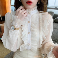 Chiffon Long Puff Sleeve Stand Collar Top - Golden Atelier