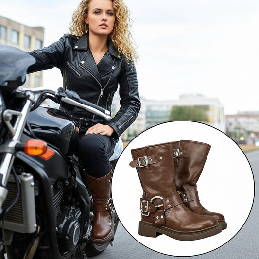 Woman in leather jacket sitting on a motorcycle with inset of brown leather boots.