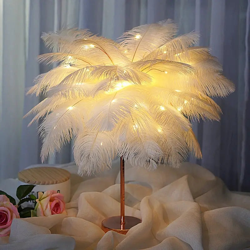 DIY Creative Feather Table Lamp with Warm White Light - Golden Atelier