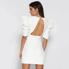 Deep V-neck Puff Sleeve White Mini Dress - Golden Atelier