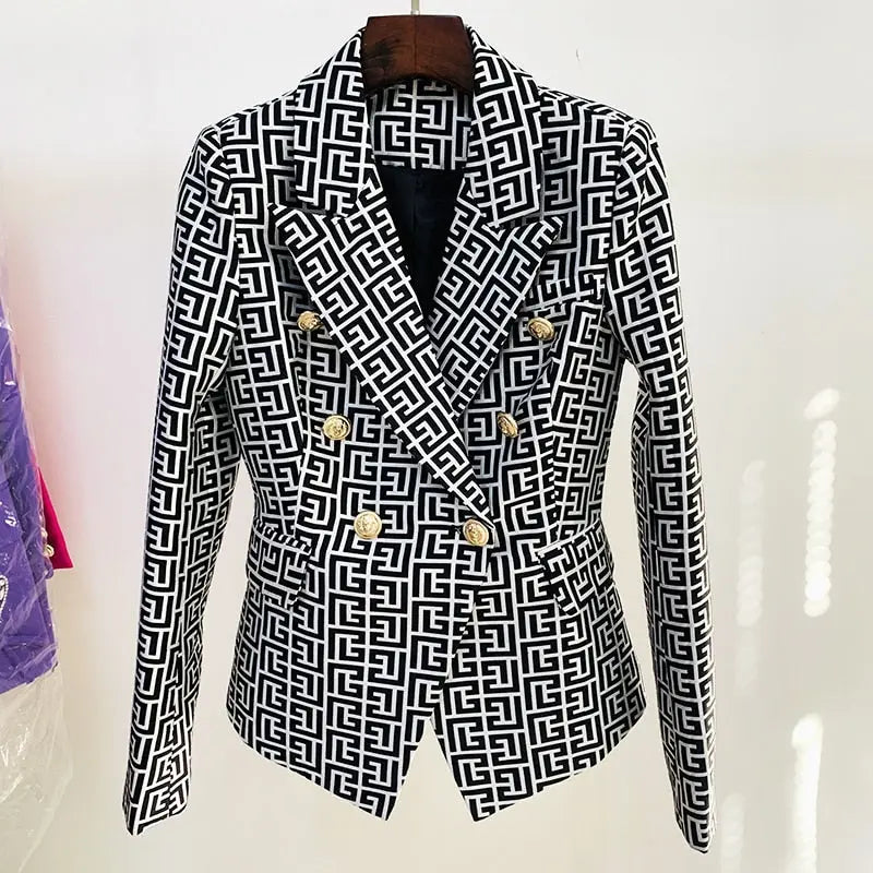 Black Women Blazer Geometric Jacquard Print- Golden Atelier