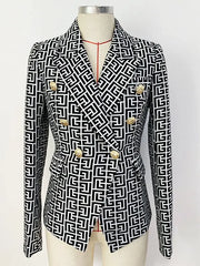 Black Women Blazer Geometric Jacquard Print - Golden Atelier