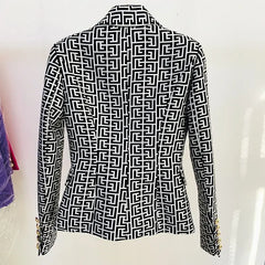 Women Blazer Geometric Jacquard Print Black - Golden Atelier