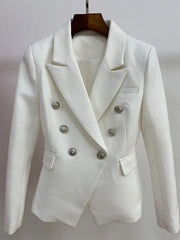 Women Blazer Double Breasted Metal Lion Buttons White- Golden Atelier