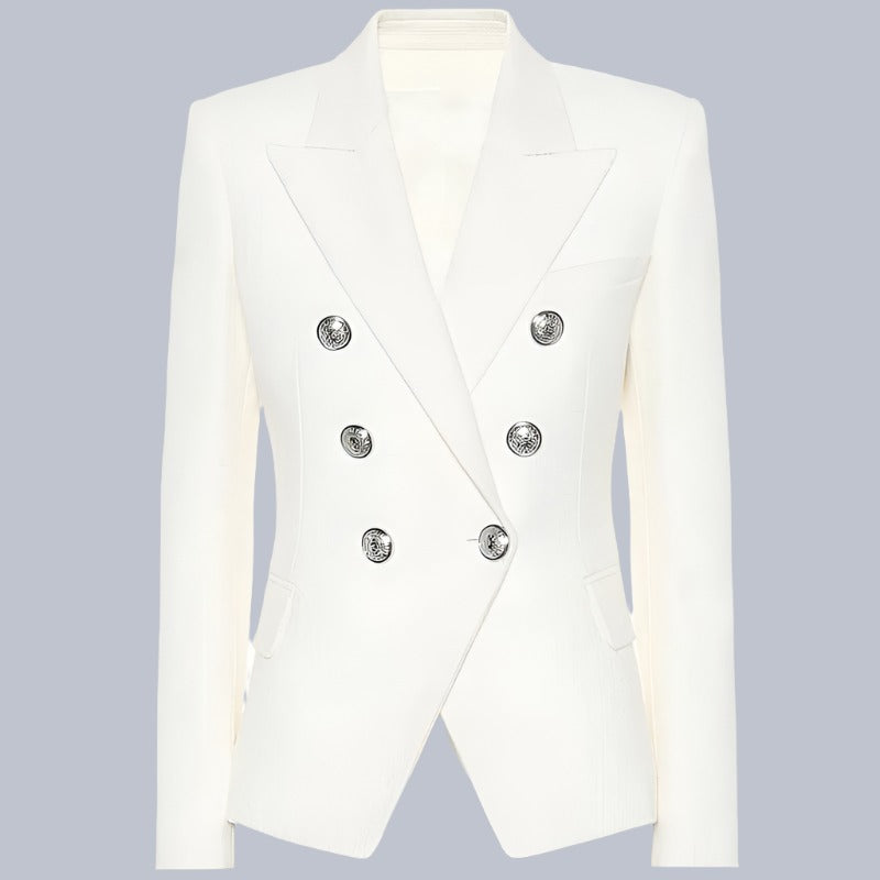 Women Blazer Double Breasted Metal Lion Buttons White - Golden Atelier