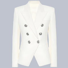 Women Blazer Double Breasted Metal Lion Buttons White - Golden Atelier