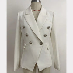 Women Blazer Double Breasted Metal Lion Buttons White - Golden Atelier