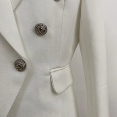 Women Blazer Double Breasted Metal Lion Buttons White- Golden Atelier