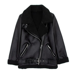 Faux Leather Thick Zipper Jacket With Belt - Golden Atelier