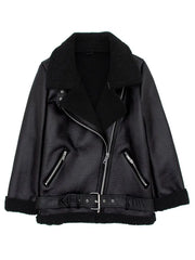 Faux Leather Thick Zipper Jacket With Belt - Golden Atelier