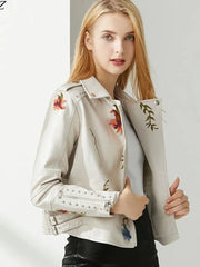 Floral Embroidery Faux Leather Biker Jacket - Golden Atelier