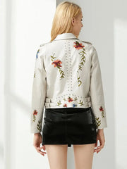 Floral Embroidery Faux Leather Biker Jacket - Golden Atelier