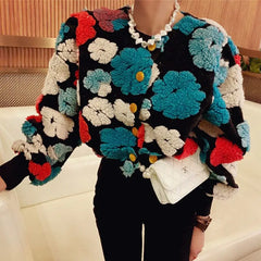 Flower Bubble Sleeve O Neck Plush Cardigan Sweater For Women - Golden Atelier