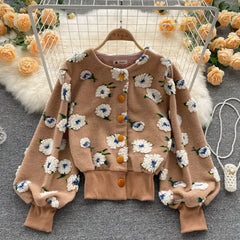 Flower Bubble Sleeve O Neck Plush Cardigan Sweater For Women - Golden Atelier