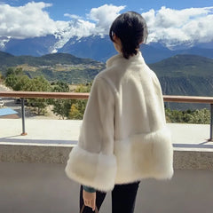 Women Short Jacket With Thick Fur Collar White - Golden Atelier