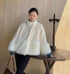 Women Short Jacket With Thick Fur Collar  White- Golden Atelier