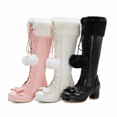 Fur Lace Up Bowtie Chunky Heel Side Zipper High Boots