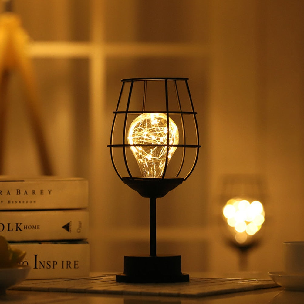Glass Bottle LED Night Light Iron Hollow Out Table Lamp