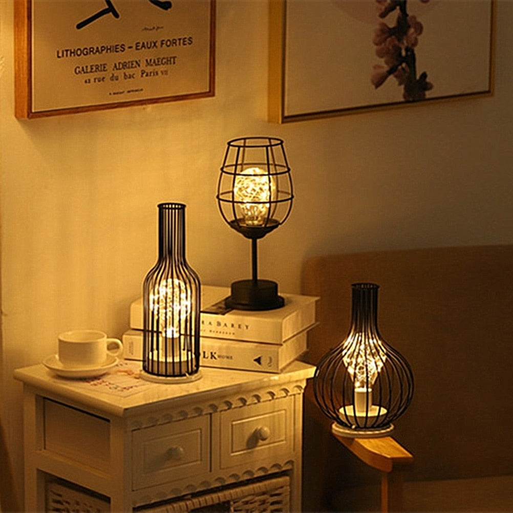 Glass Bottle LED Night Light Iron Hollow Out Table Lamp