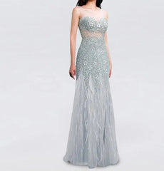 Short Sleeves with Beaded Feather Floor Length Mermaid Prom Dress