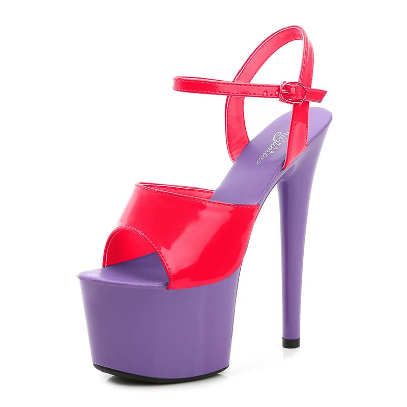 Purple and red high-heeled sandal on a white background