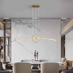 Golden Atelier LED pendant lamp with a modern design, hanging from a ceiling and casting a warm glow. Text overlay indicates voice control compatibility with Alexa.4