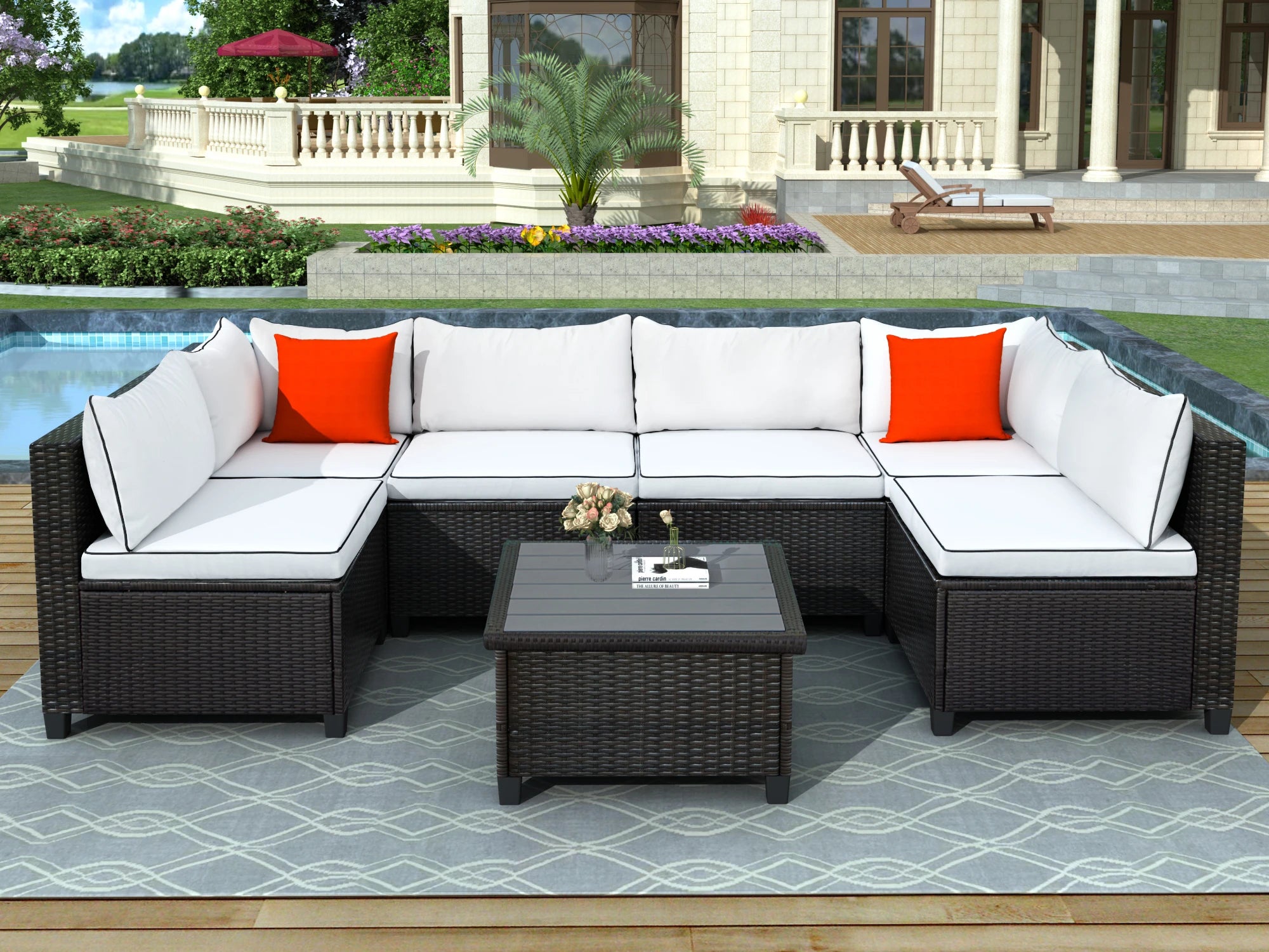 Rattan Wicker Outdoor U-Shape Sectional Sofa Set With Cushions